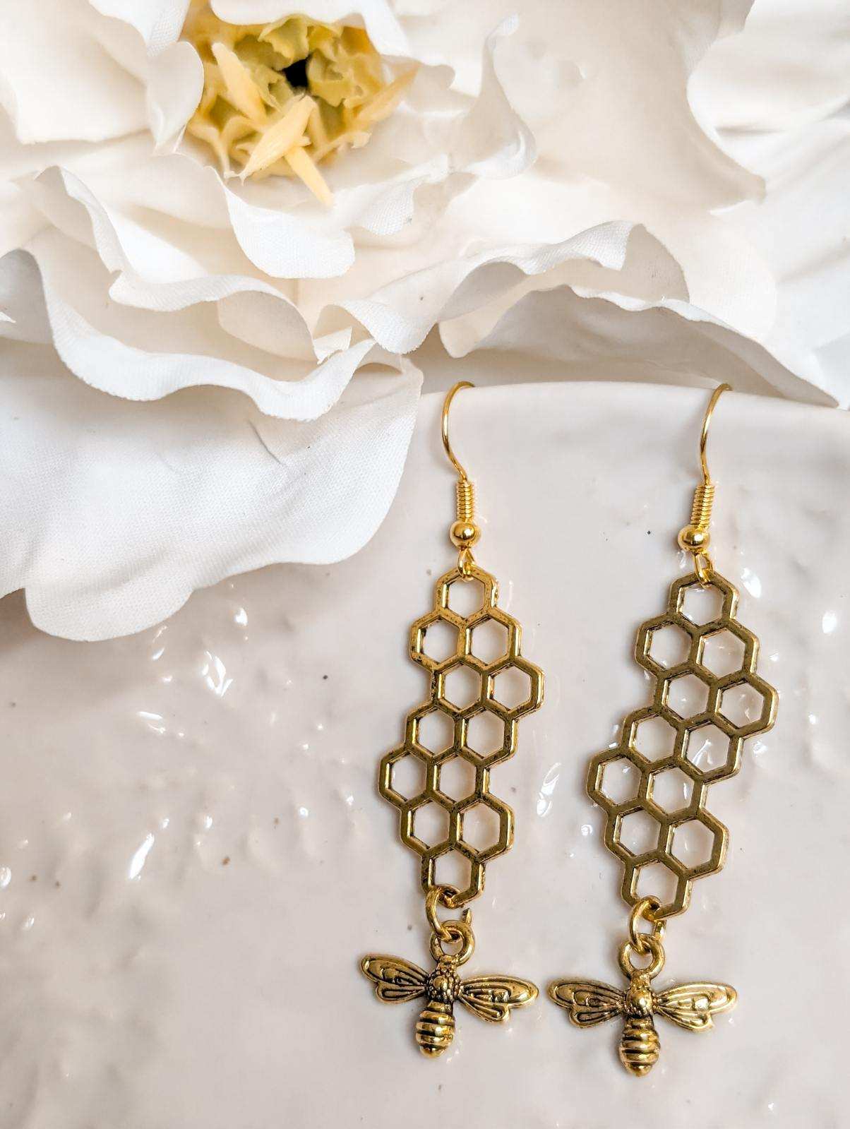 Gold or Silver Honeybee Honeycomb Earrings