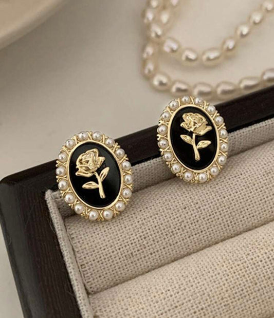Beautiful Black and Pearl Rose Earrings