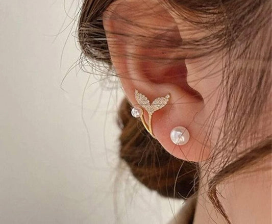 Beautiful Pearl and Crystal Mermaid Huggie Earrings