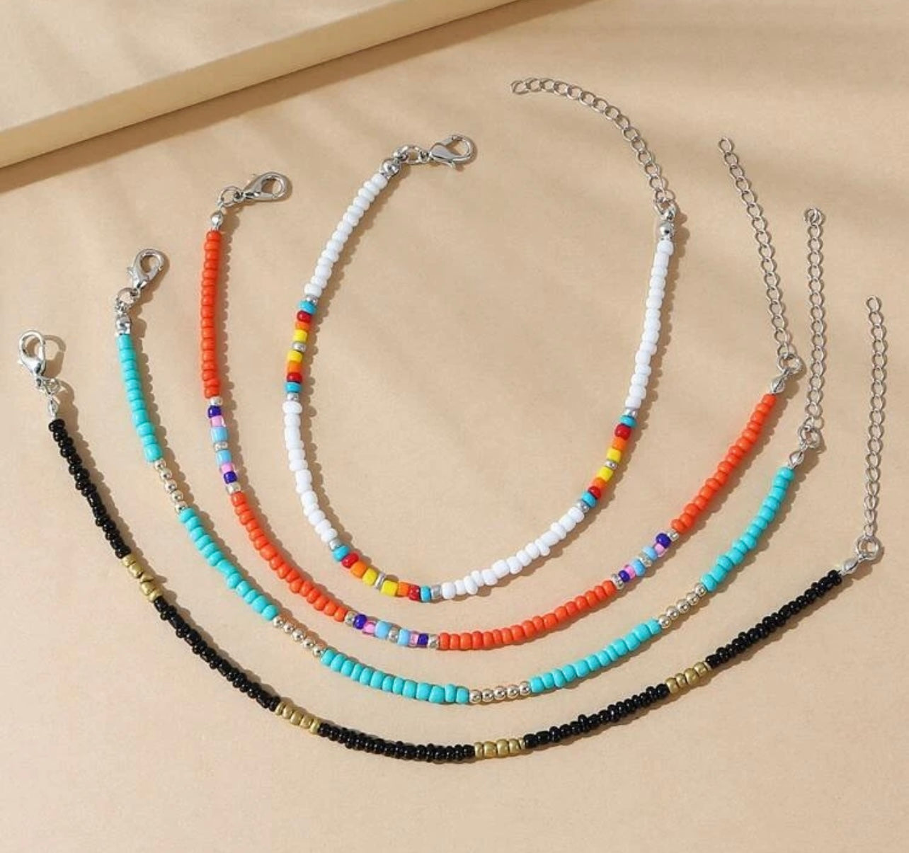 Beautiful Colorful 4 Piece Beaded Anklet Set