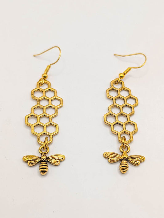 Gold or Silver Honeybee Honeycomb Earrings