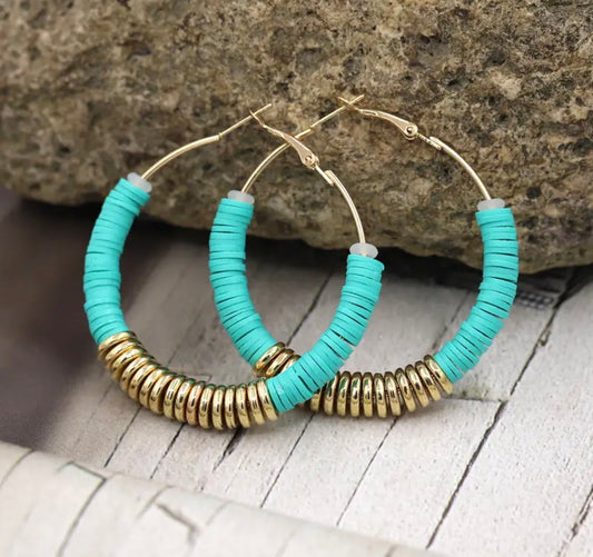 Beautiful Teal and Gold Clay Hoops