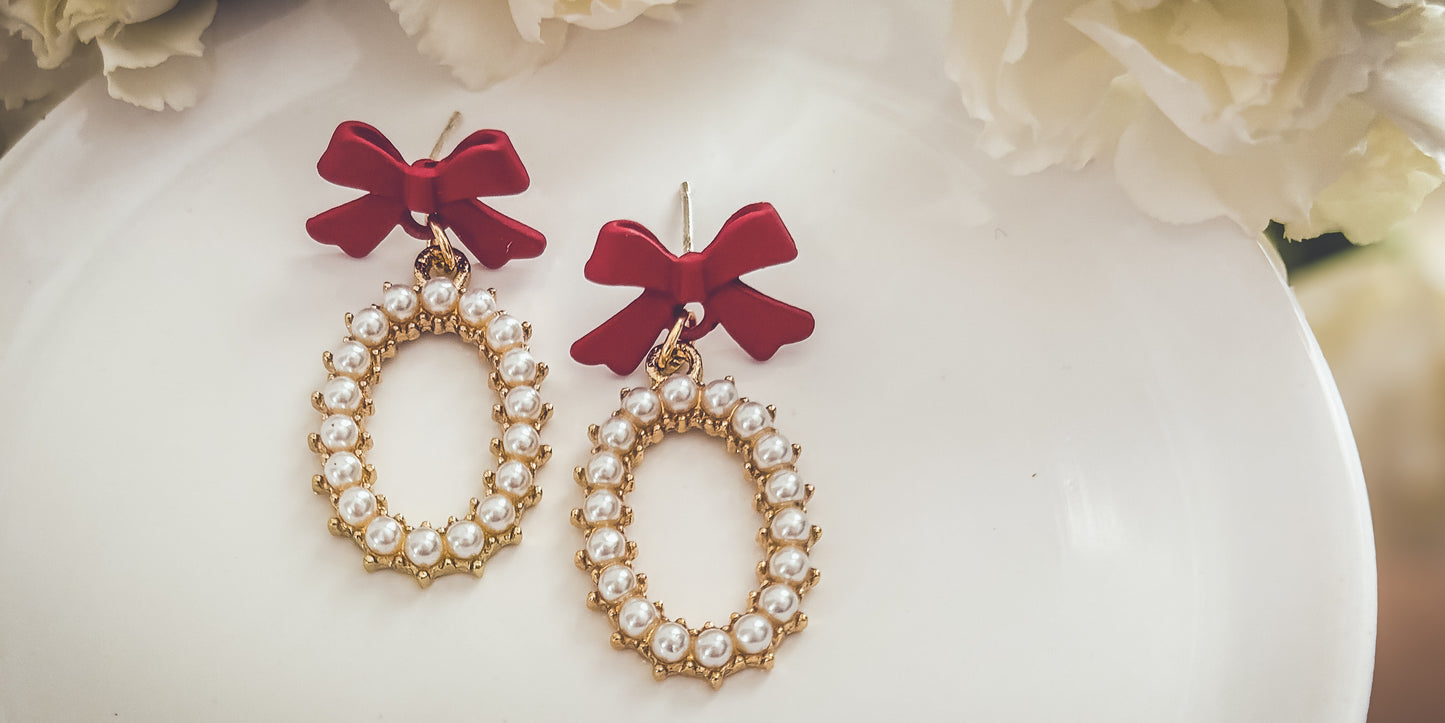 Beautiful Red Bow and Pearl Earrings