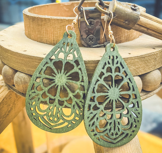 Beautiful Green Laser Cut Wood Floral Earrings