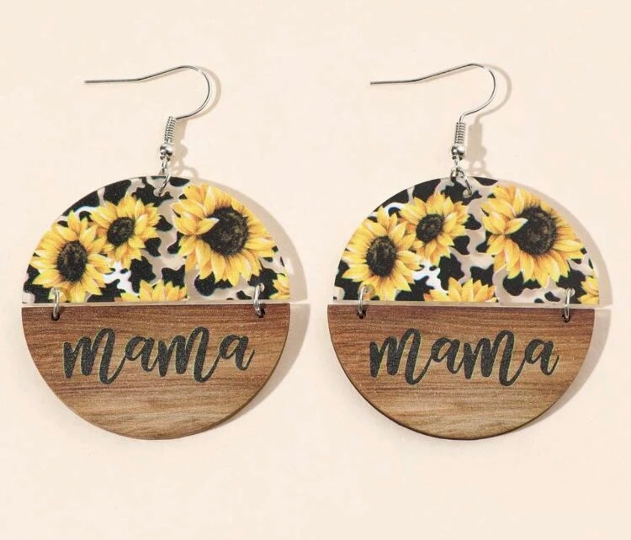 Beautiful Acrylic and Wood MaMa Earrings - Sunflower