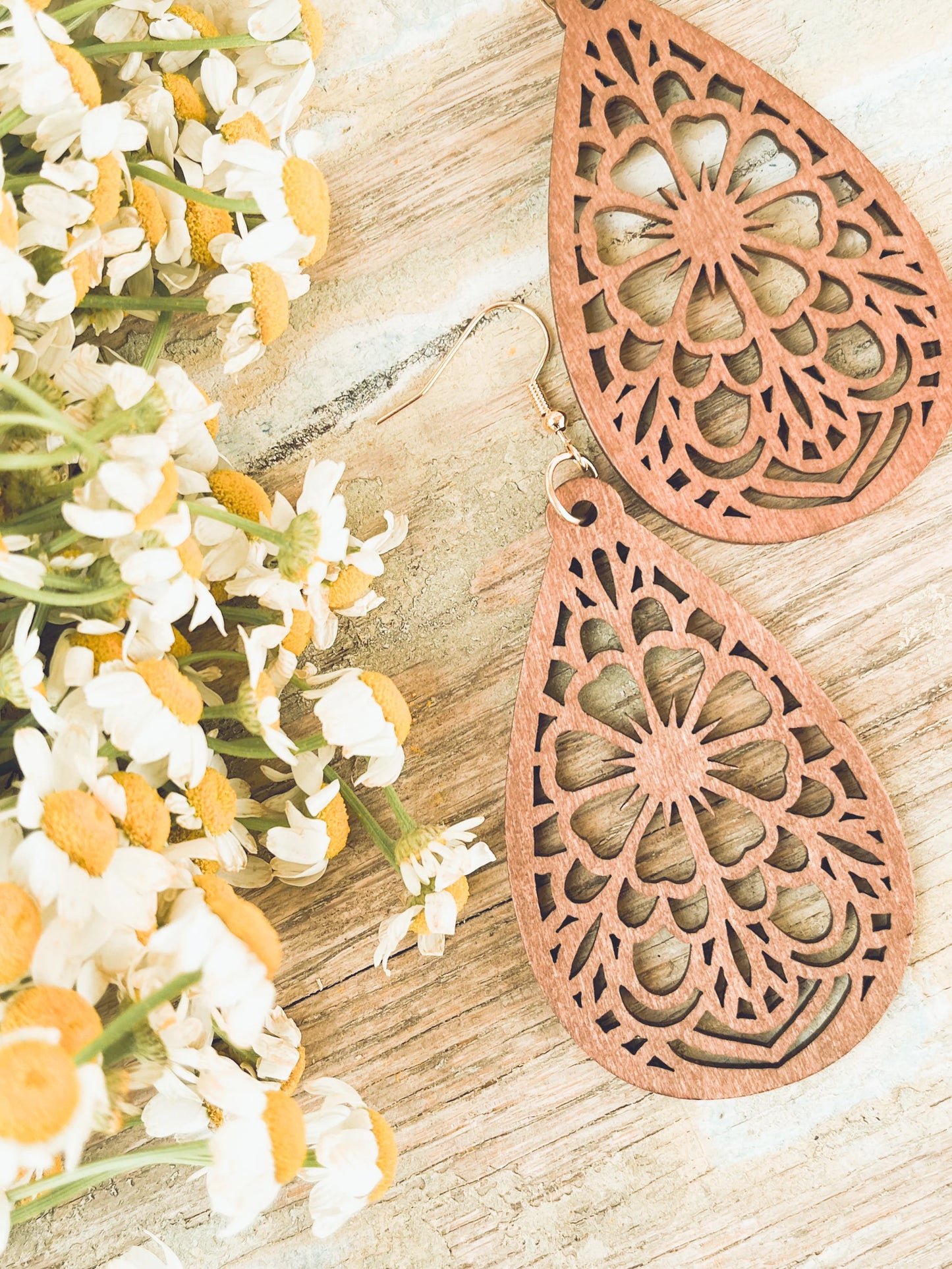 Beautiful Laser Cut Wood Floral Earrings