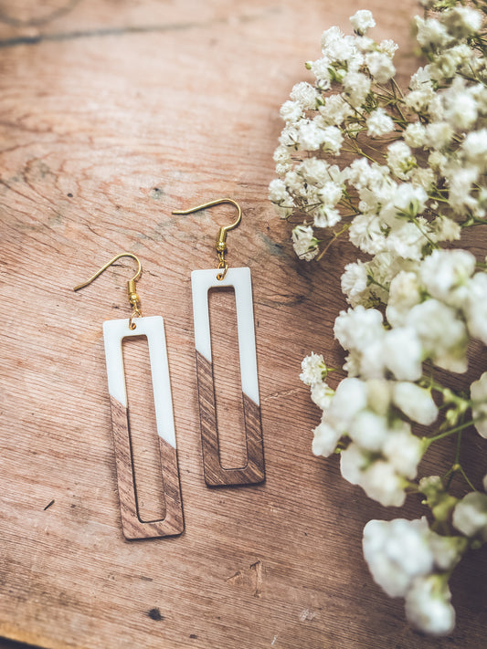 Rectangular White Resin and Wood Earrings