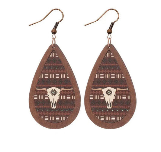 Beautiful Southwest Skull Wood Earrings