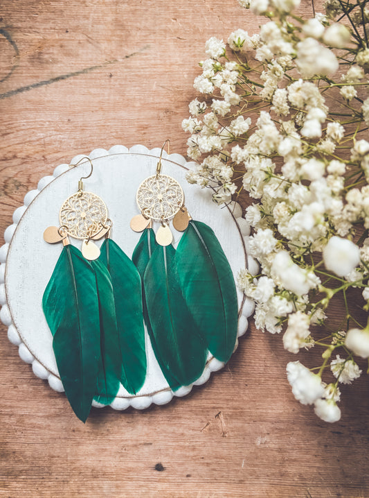 Beautiful Gold and Green Feather Earrings