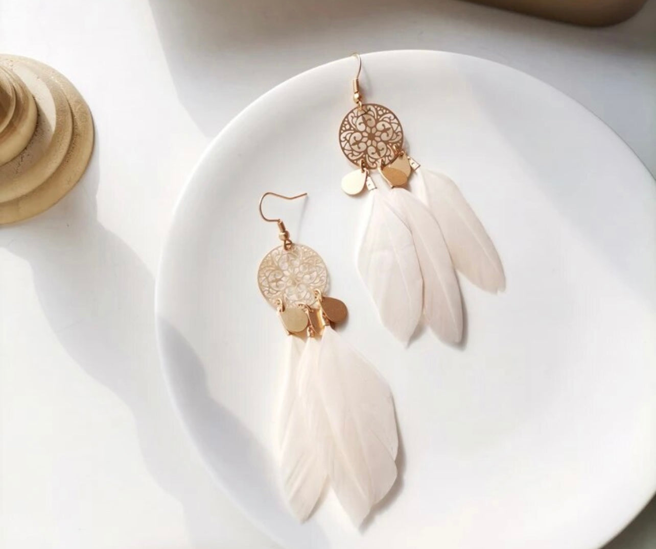 Beautiful Gold and White Feather Earrings