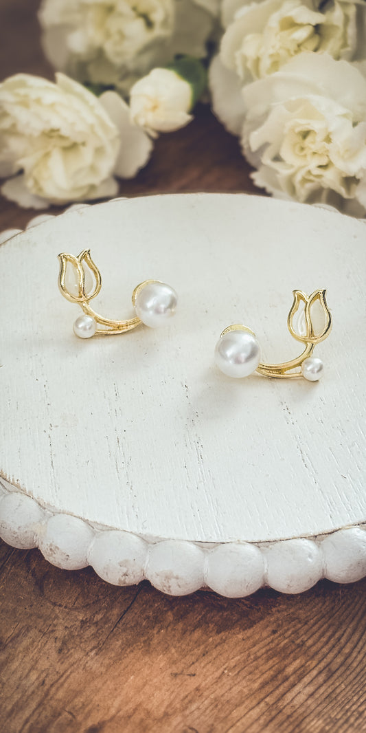 Beautiful Pearl and Tulip Flower Huggie Earrings