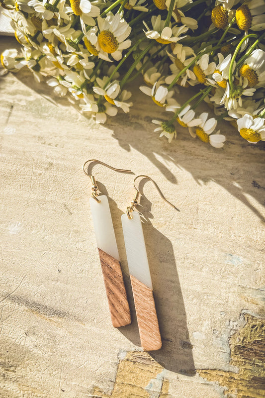 Beautiful White Resin and Wood Earrings