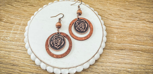 Beautiful Rustic Wood Rose Earrings