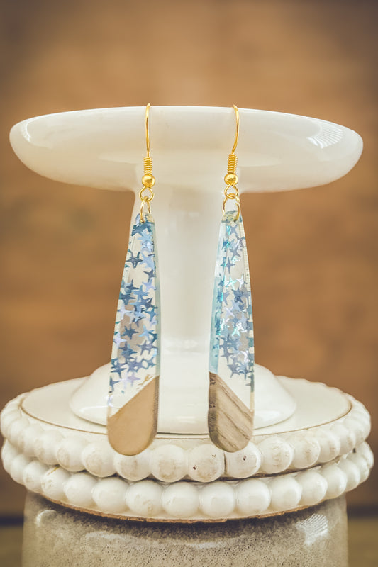 Beautiful Wood and Blue Fleck Resin Earrings