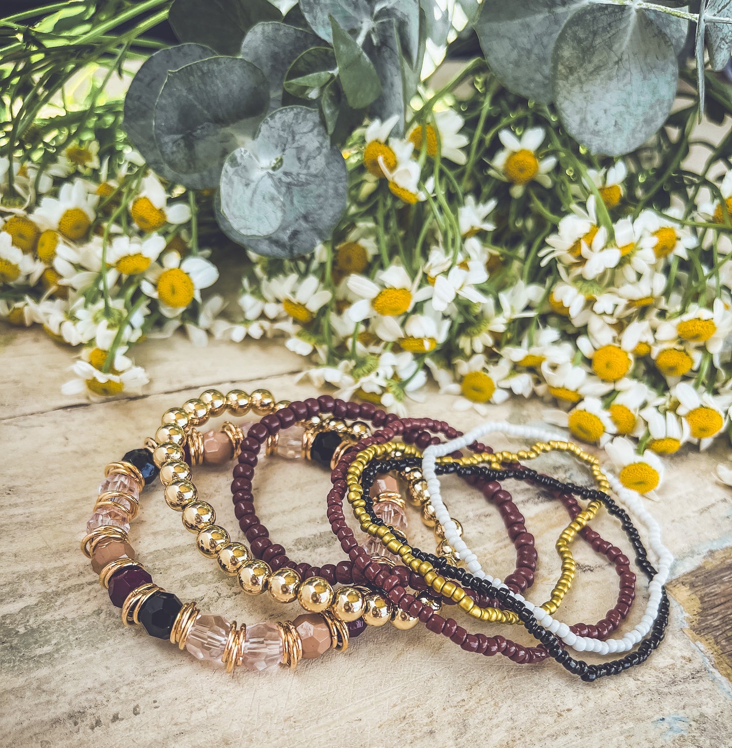 Beautiful Gold and Burgundy Stacking Bracelet Set