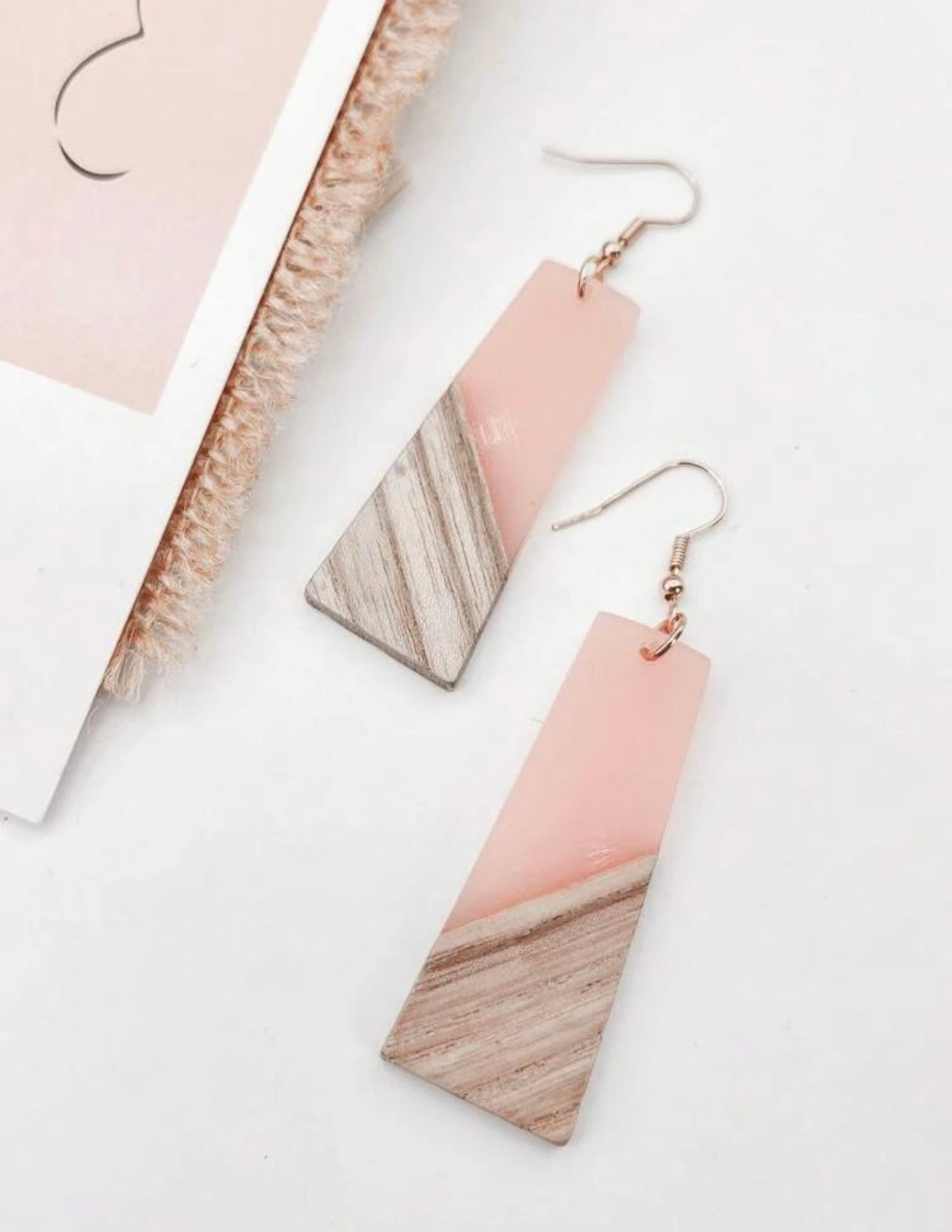 Beautiful Pink Resin and Wood Earrings