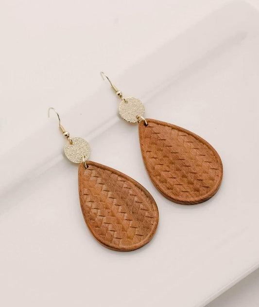 Beautiful Patterned Brown Wood and Gold Drop Earrings