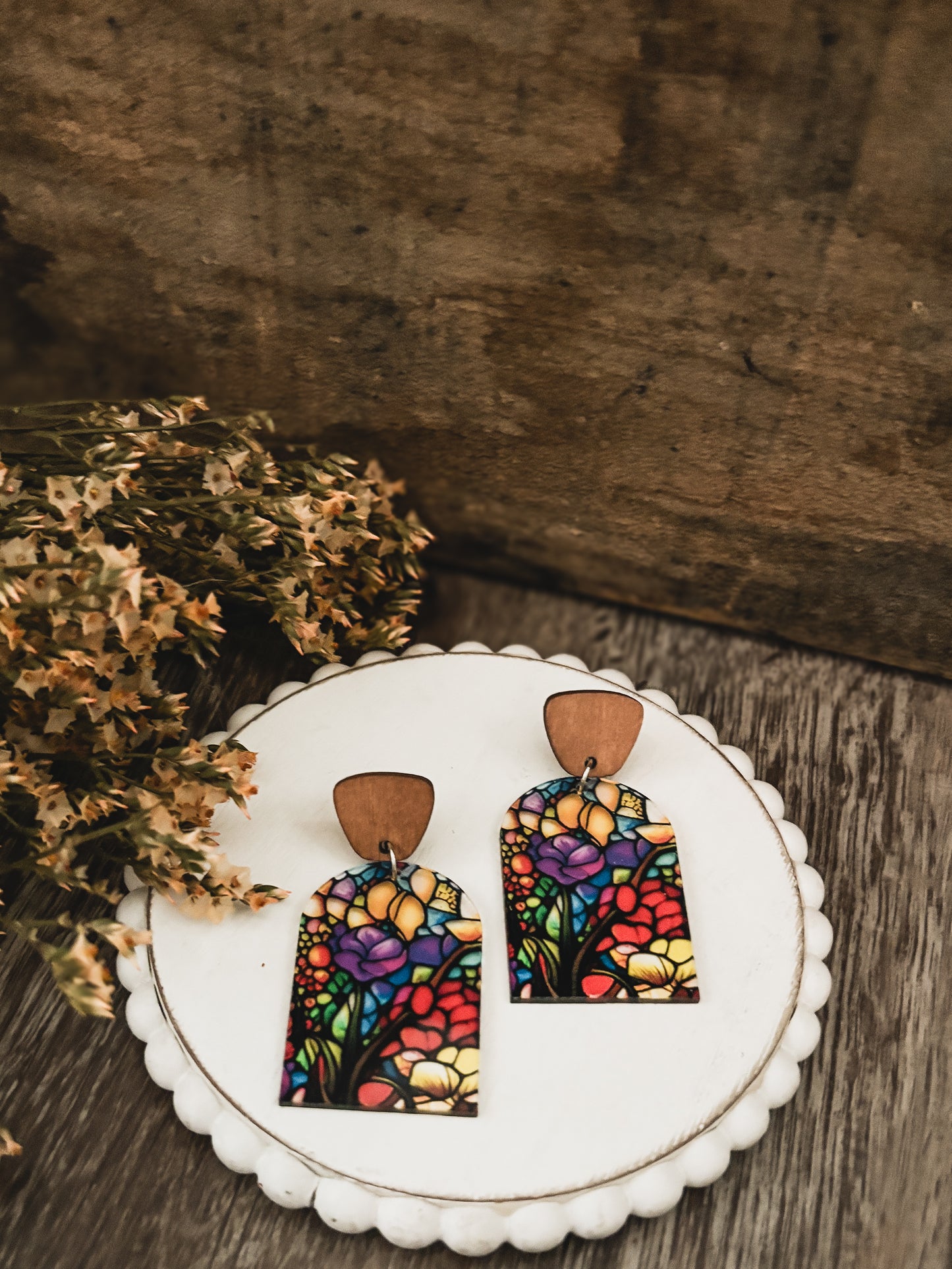 Beautiful Wood and Stained Glass Effect Earrings