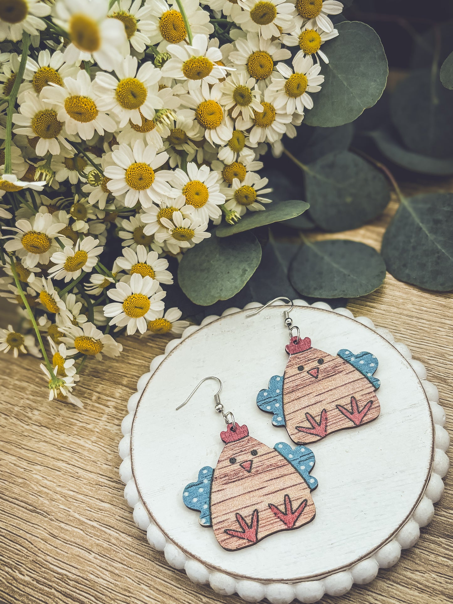 Adorable Wood Chicken Earrings