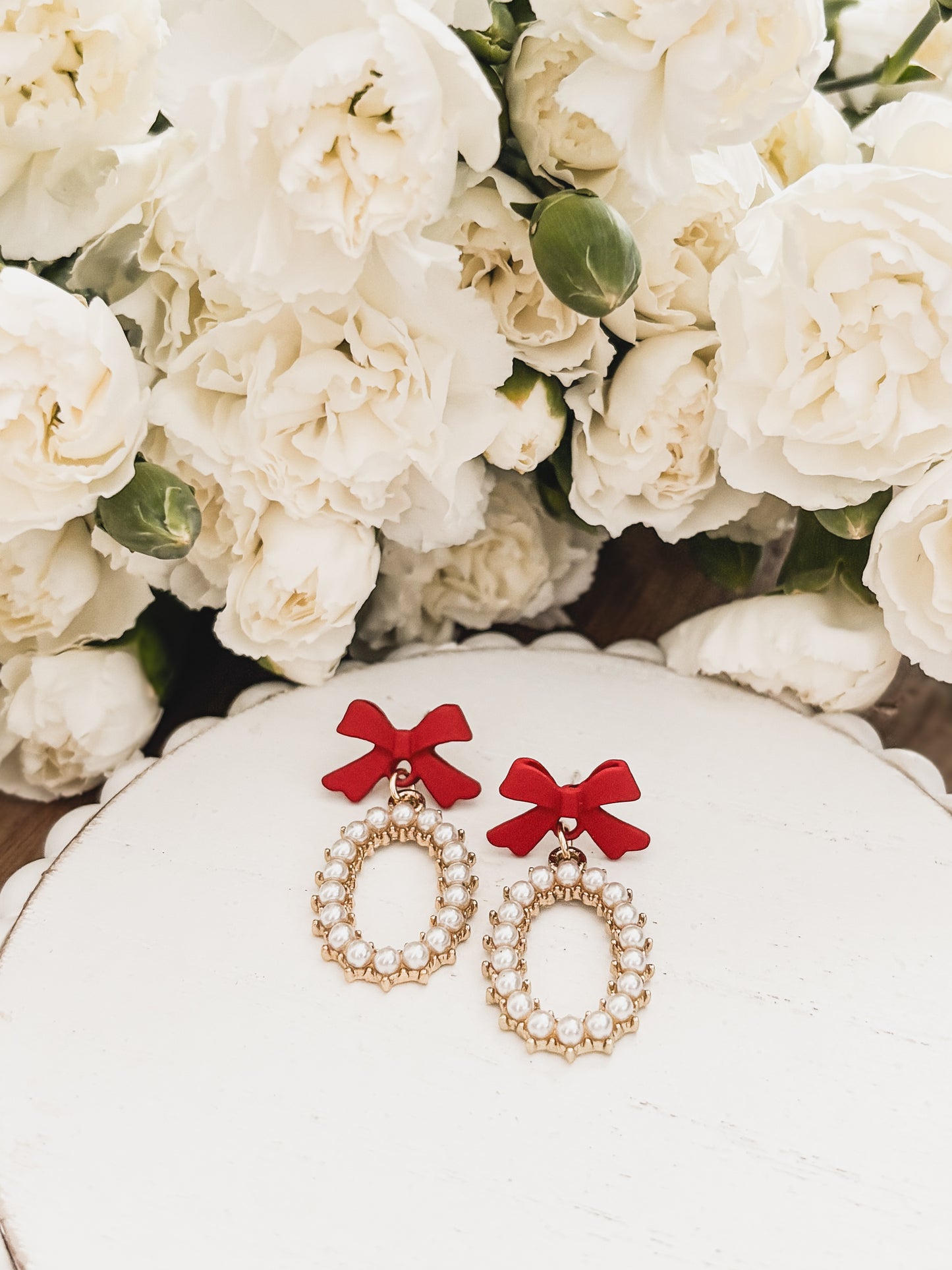 Beautiful Red Bow and Pearl Earrings