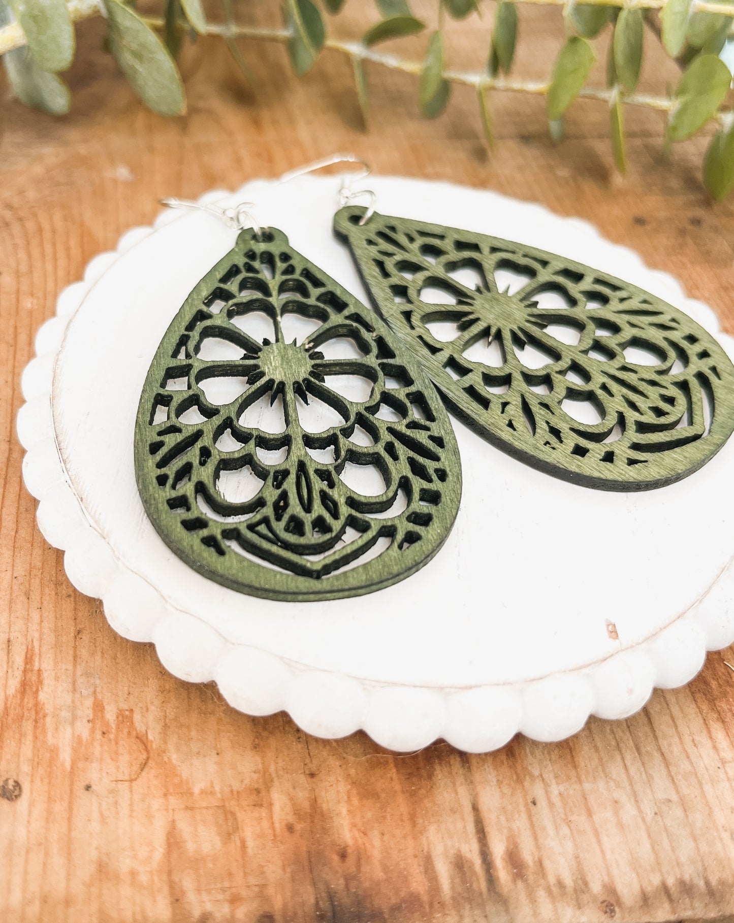 Beautiful Green Laser Cut Wood Floral Earrings