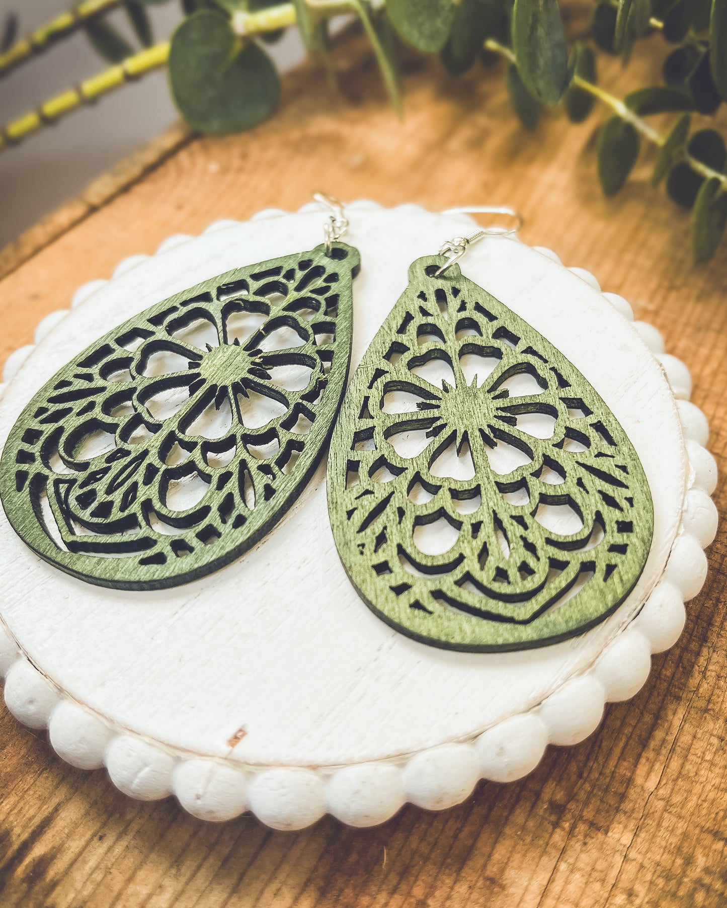 Beautiful Green Laser Cut Wood Floral Earrings