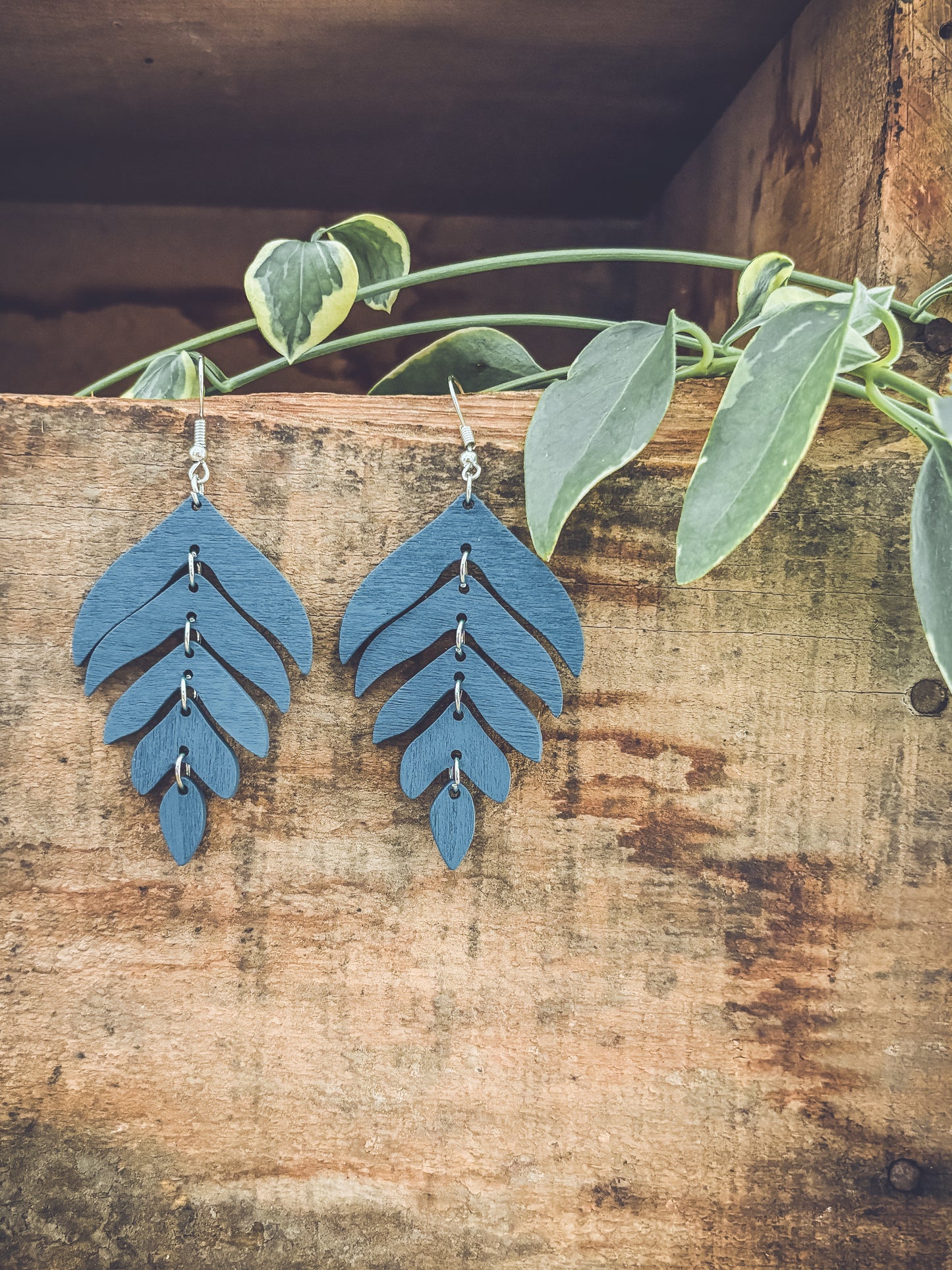 Beautiful Blue Wood Leaf Earrings