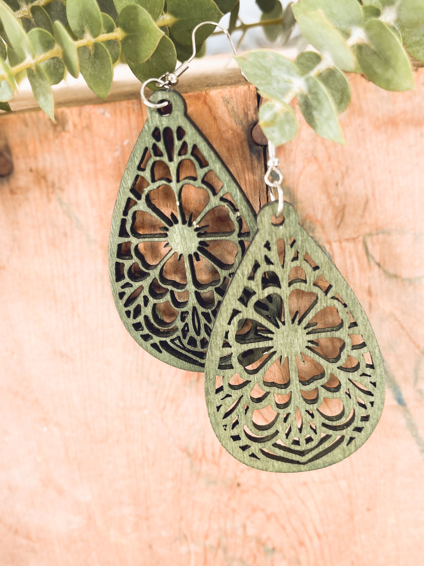 Beautiful Green Laser Cut Wood Floral Earrings