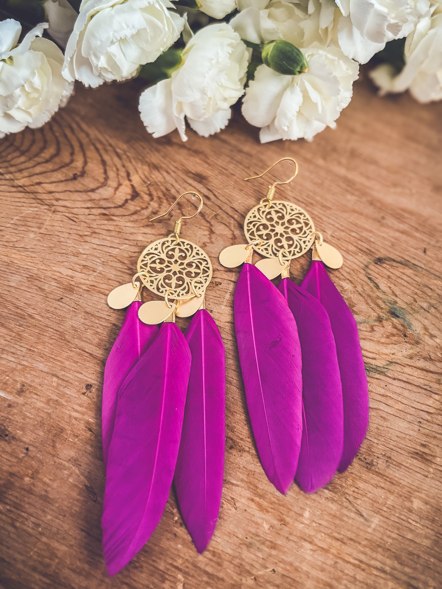 Beautiful Gold and Pink Feather Earrings