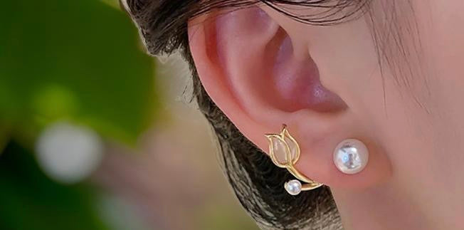 Beautiful Pearl and Tulip Flower Huggie Earrings