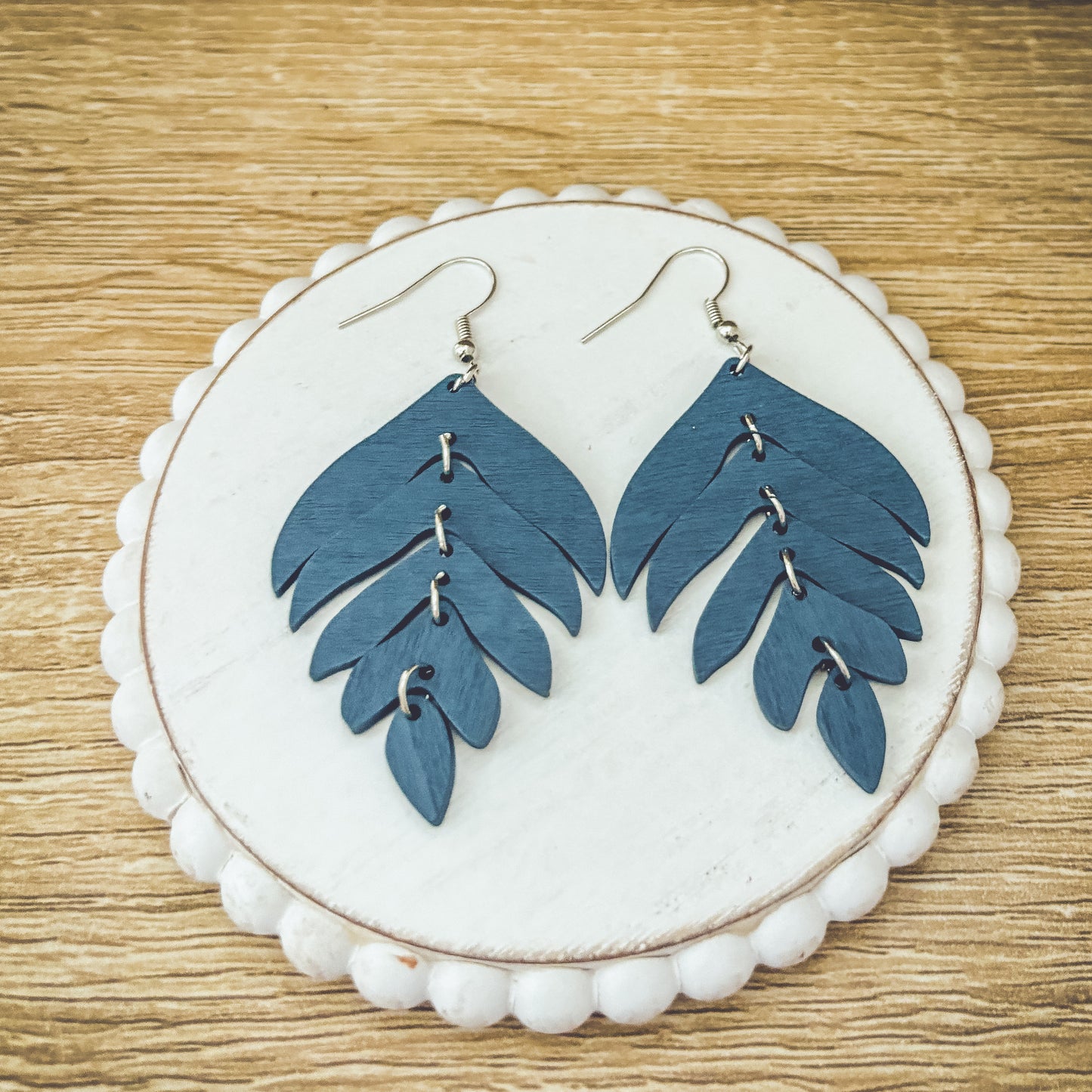 Beautiful Blue Wood Leaf Earrings