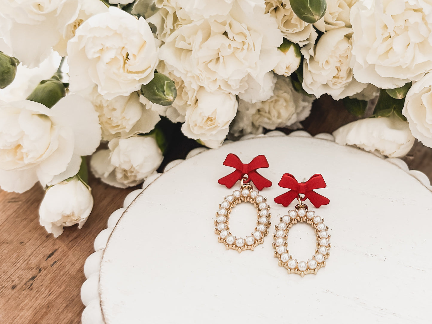 Beautiful Red Bow and Pearl Earrings