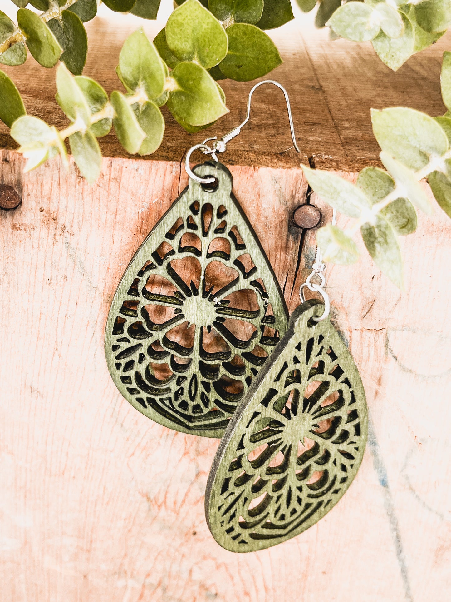 Beautiful Green Laser Cut Wood Floral Earrings