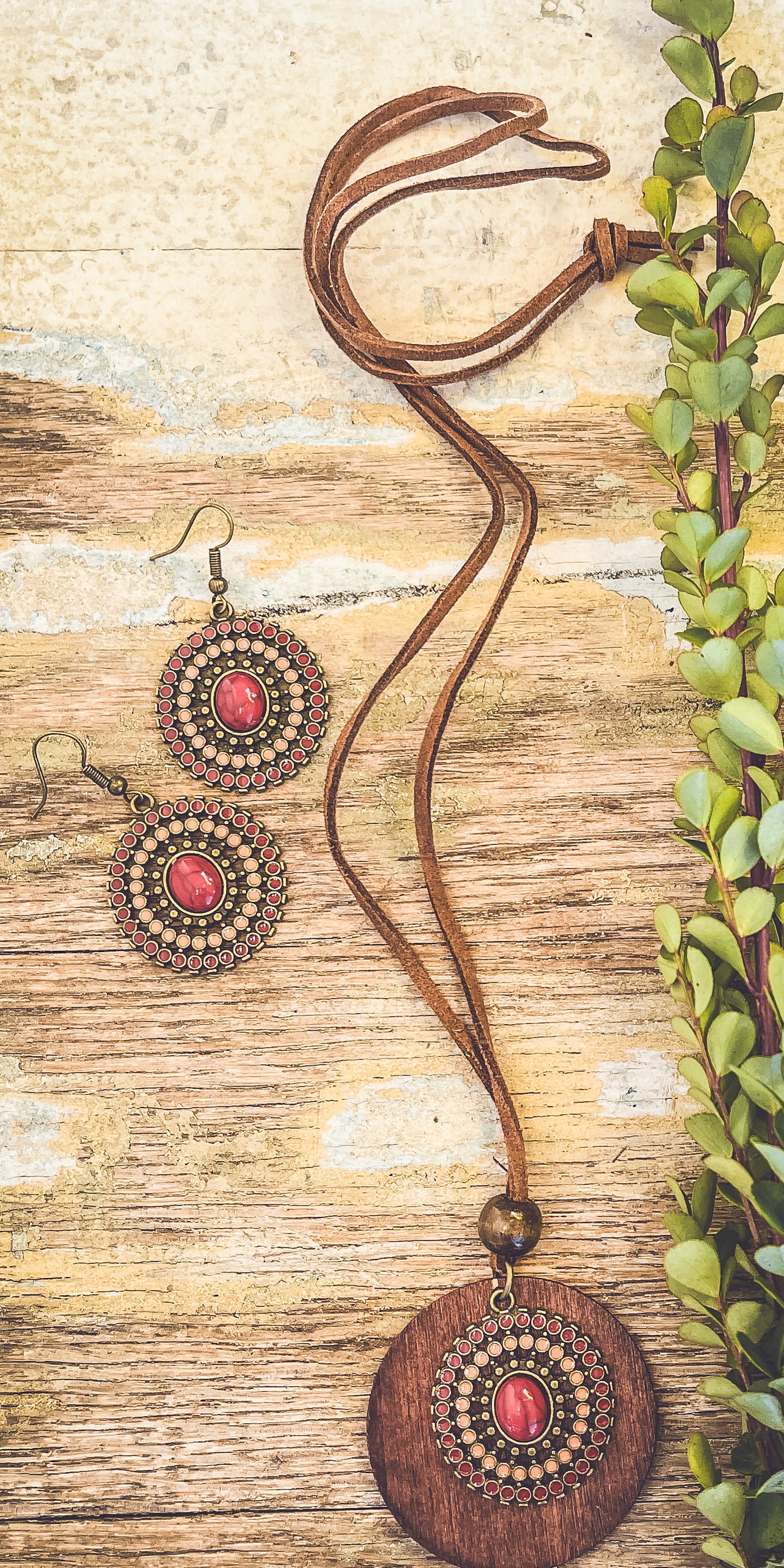 Beautiful Boho Red and Brown Necklace and Earring Set