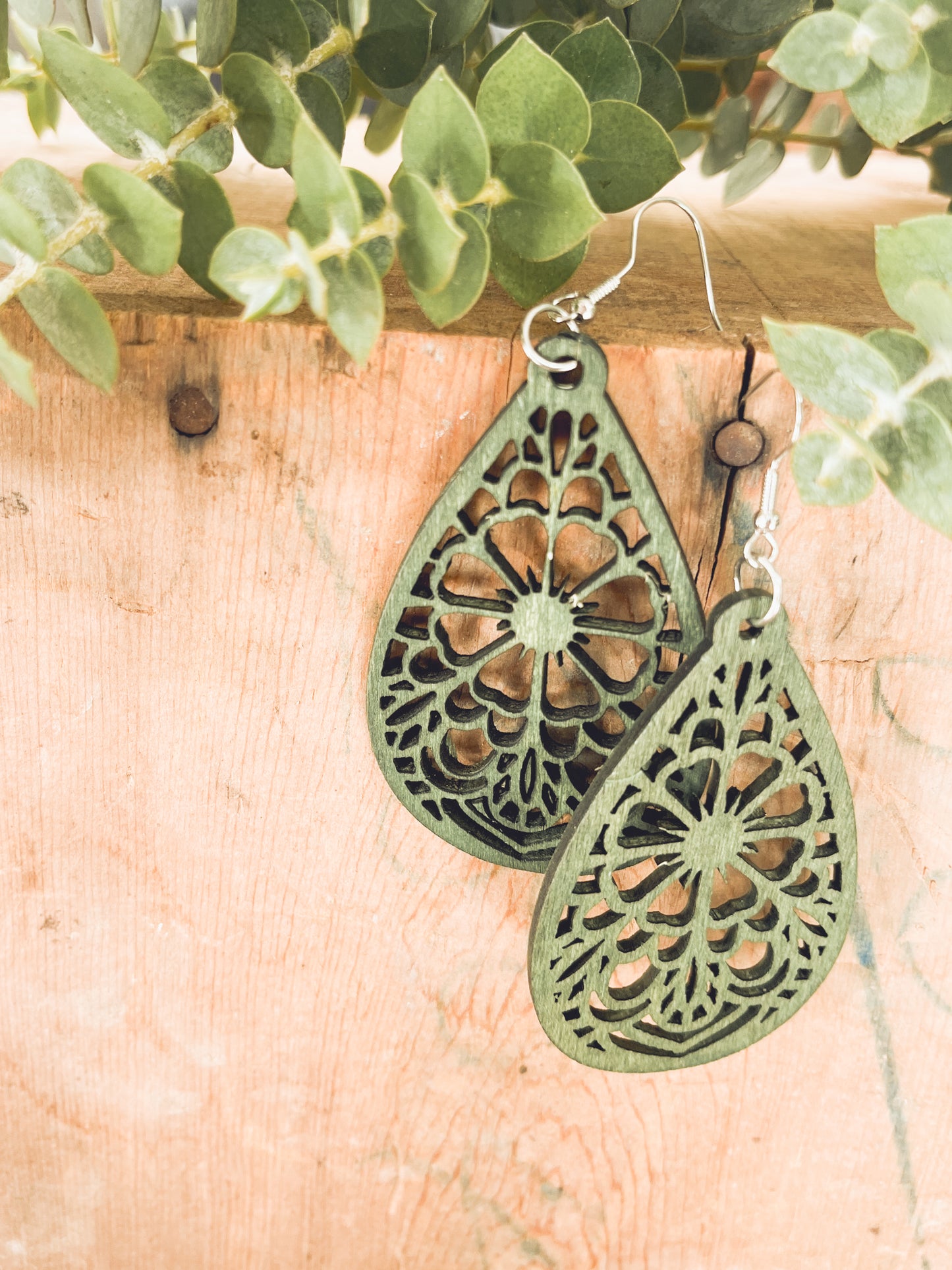 Beautiful Green Laser Cut Wood Floral Earrings