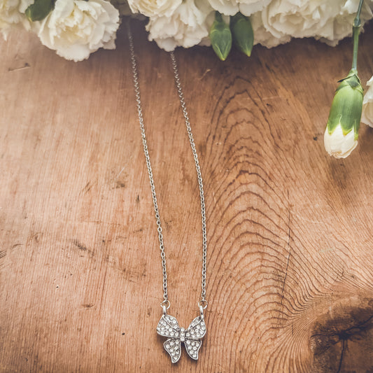 Beautiful Silver Rhinestone Bow Necklace