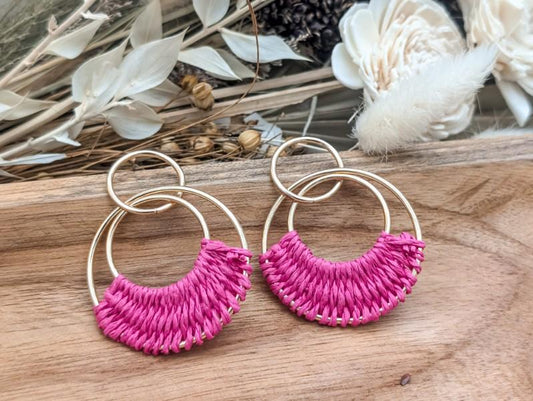 Beautiful Pink Raffia Hoop Earrings