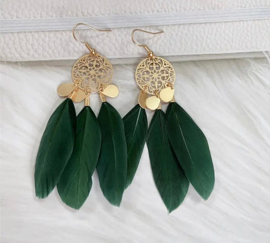 Beautiful Gold and Green Feather Earrings