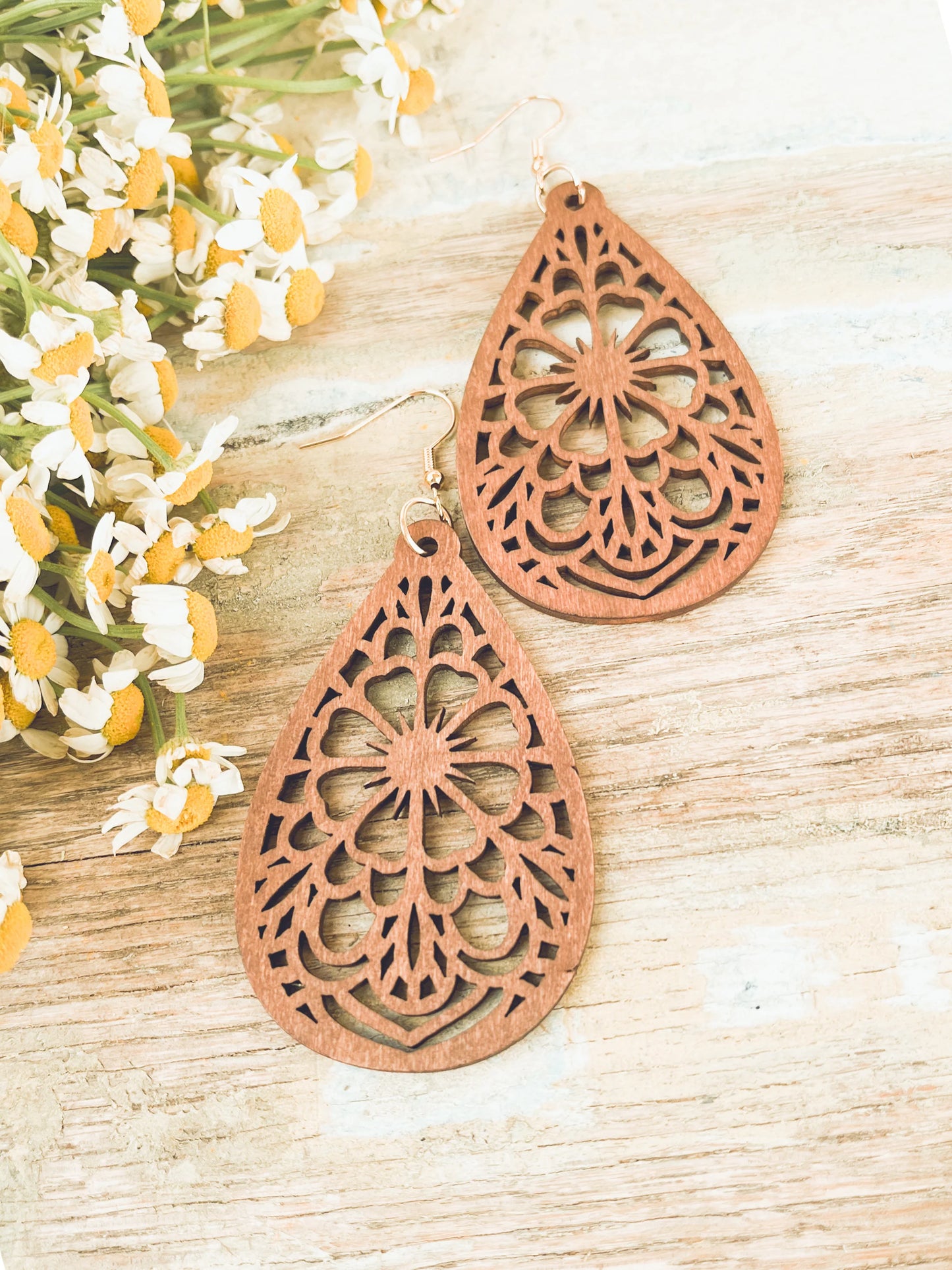 Beautiful Laser Cut Wood Floral Earrings