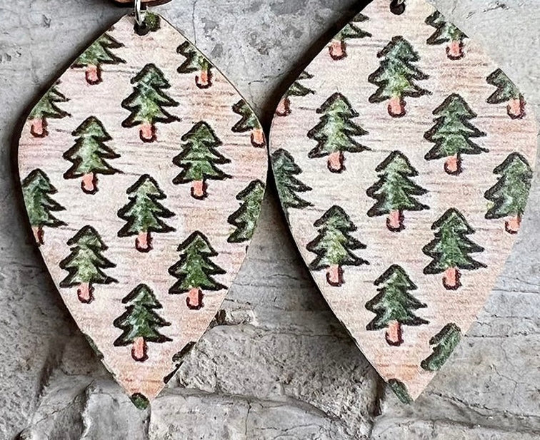 Beautiful Rustic Wood Christmas Tree Earrings