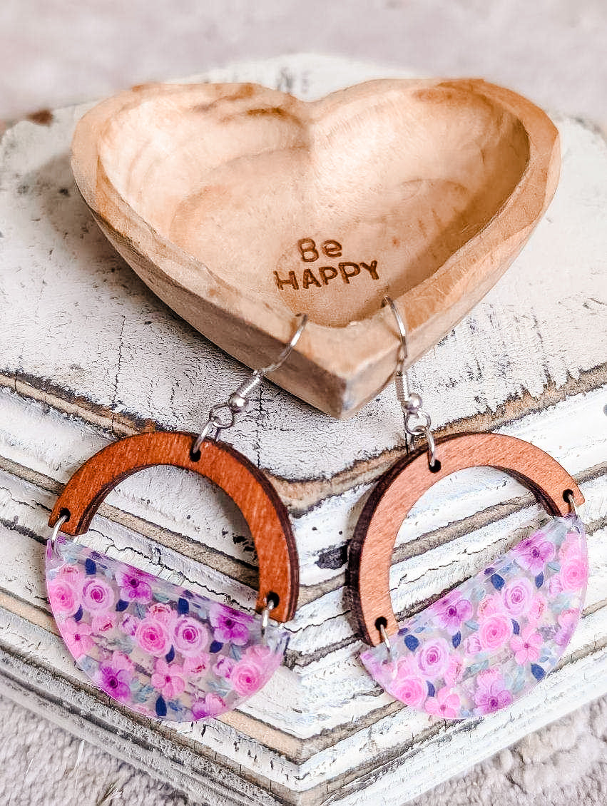 Beautiful Acrylic and Wood Floral Earrings