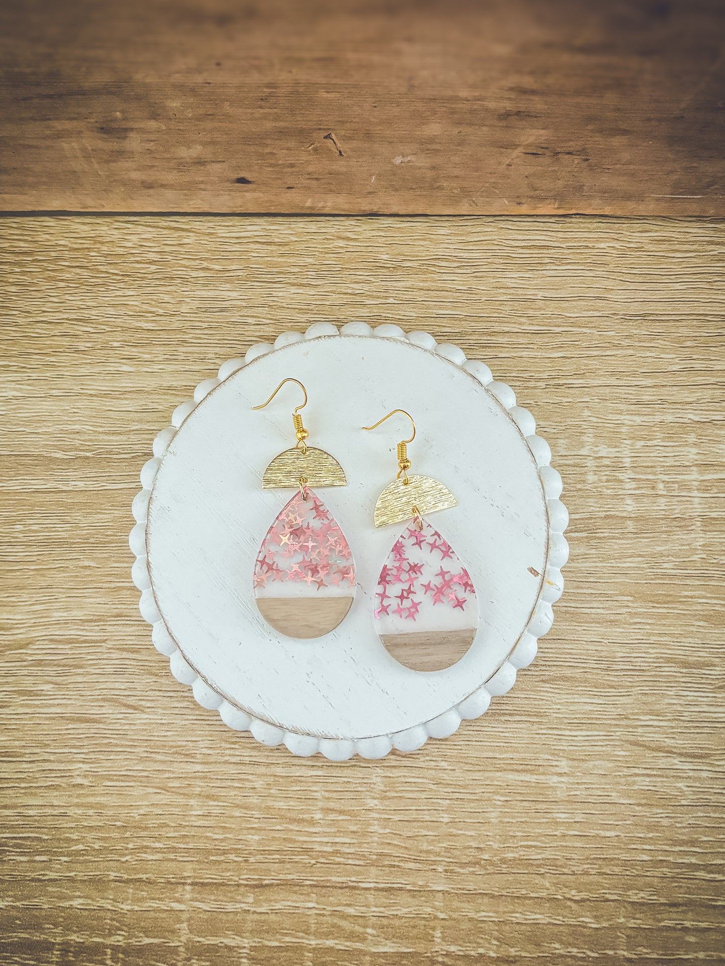 Beautiful Wood and Pink Fleck Resin Earrings