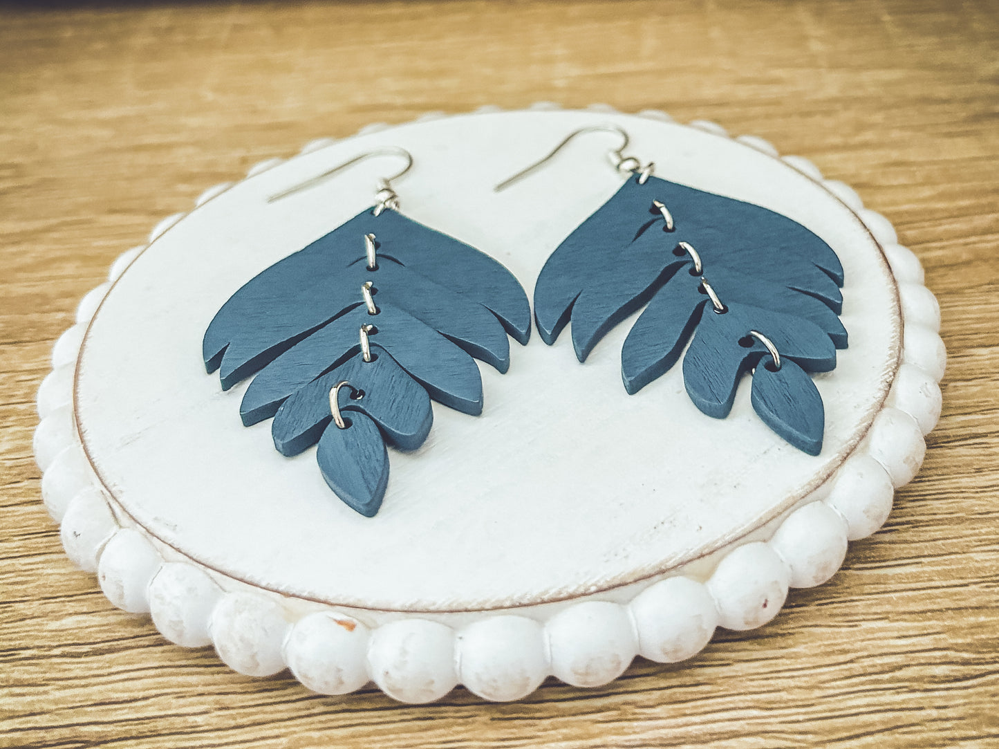 Beautiful Blue Wood Leaf Earrings