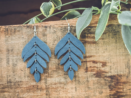 Beautiful Blue Wood Leaf Earrings