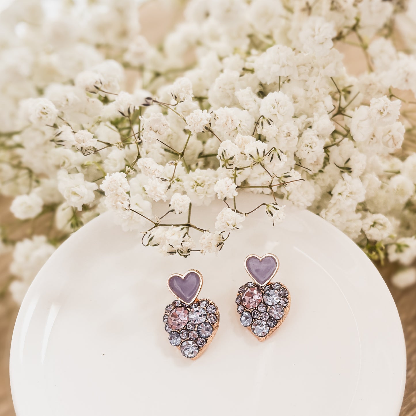 Beautiful Gold and Purple Crystal Heart Earrings