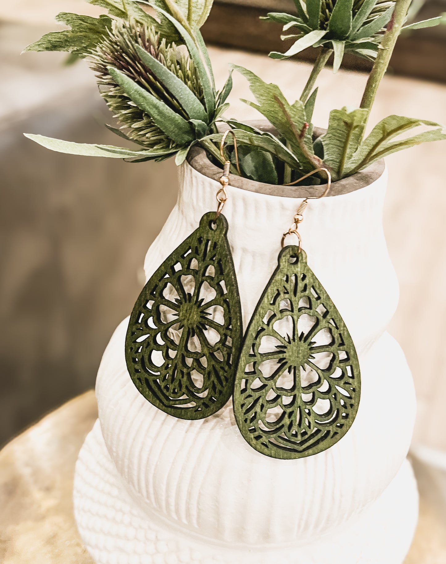 Beautiful Green Laser Cut Wood Floral Earrings