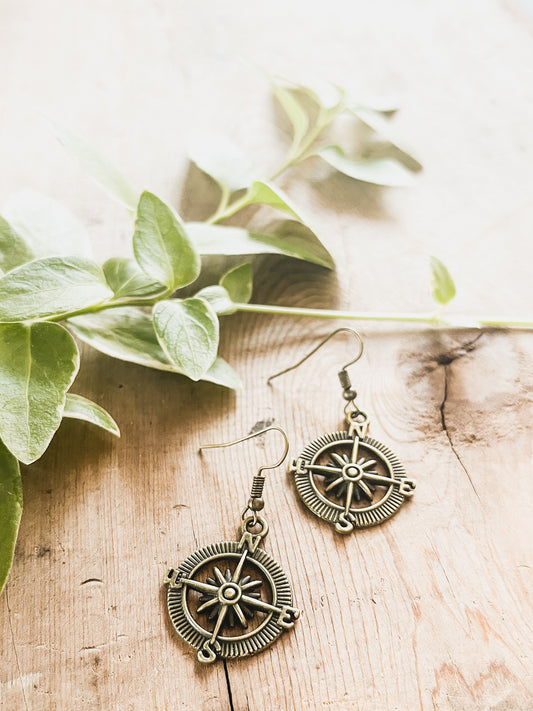 Beautiful Antique Finish Compass Earrings in Gold or Silver