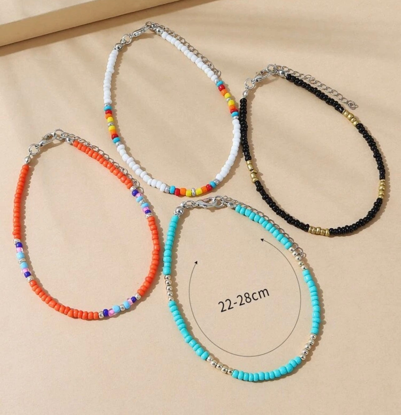 Beautiful Colorful 4 Piece Beaded Anklet Set