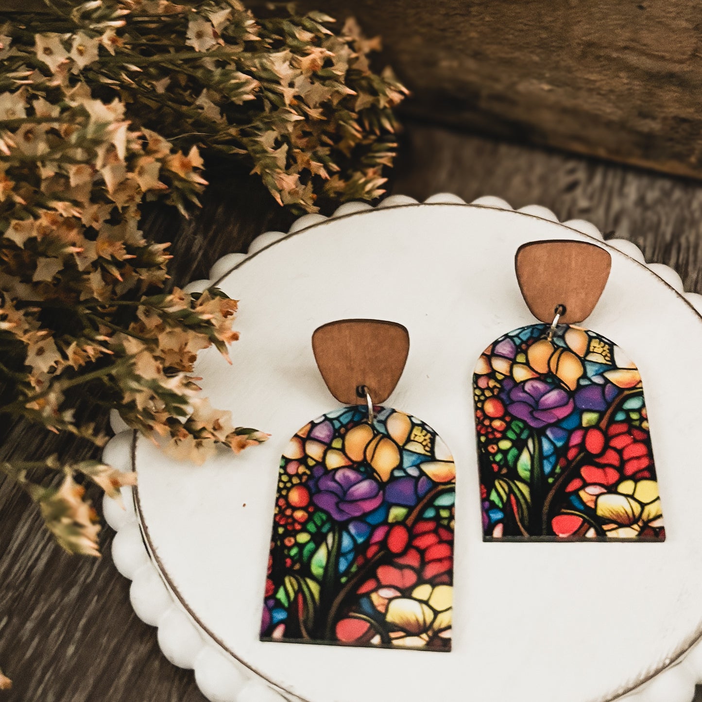 Beautiful Wood and Stained Glass Effect Earrings