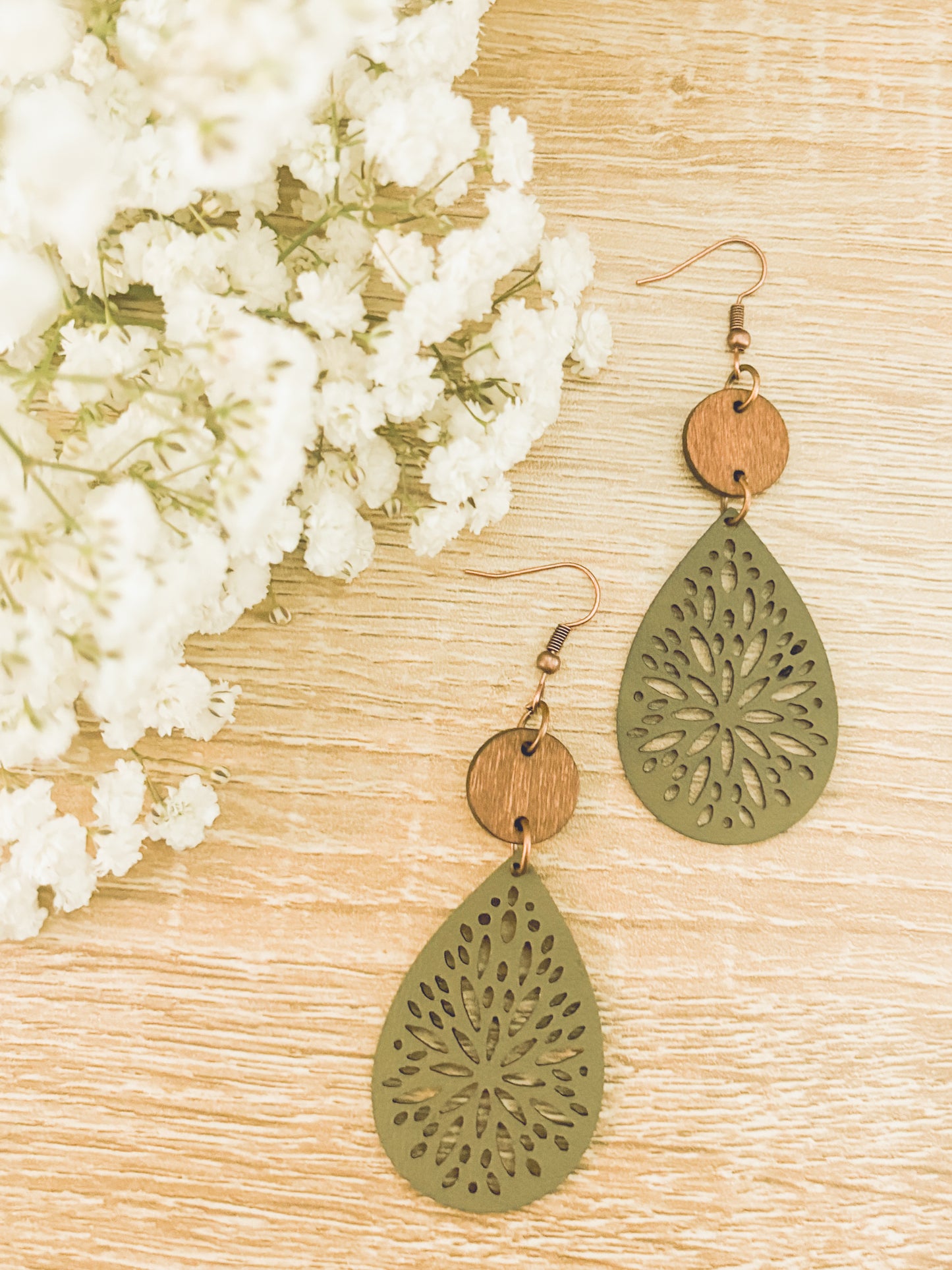 Beautiful Green Leather and Wood Earrings